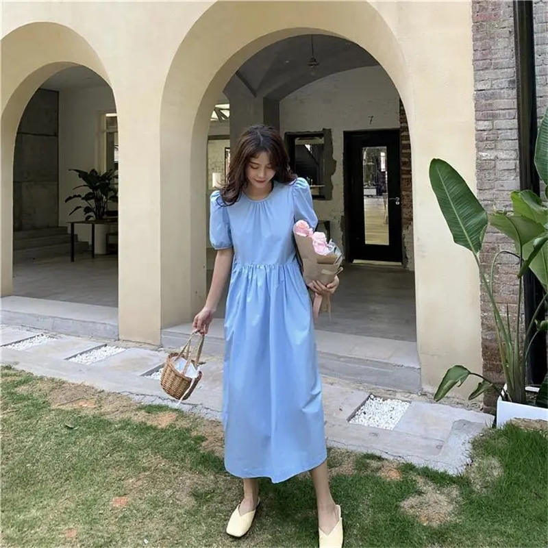 Đầm Nữ Ngắn Tay Cổ Tròn Eo Thắt Thời Trang Hàn