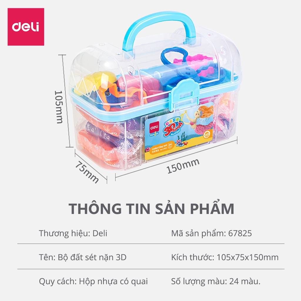 Bộ đất sét nặn 3D Deli 24 màu - Chất liệu an toàn cho trẻ nhỏ, màu sắc tươi sáng đa dạng, kèm phụ kiện khuôn nặn