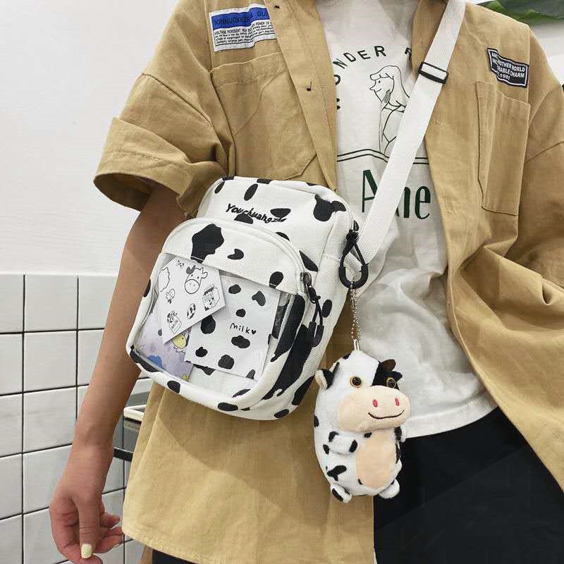 Túi đeo chéo trong suốt bò sữa vải canvas, túi xách nữ phong cách Hàn Quốc thời trang URI DECOR
