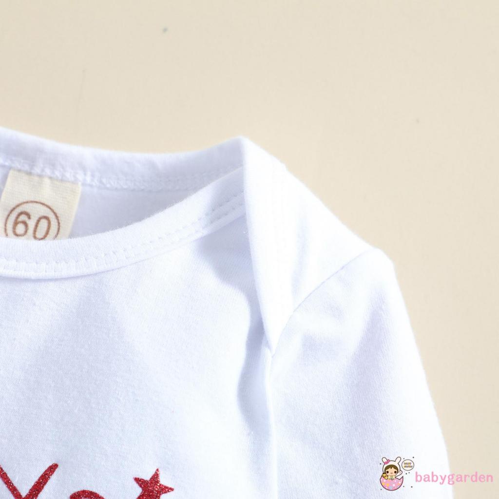 Bộ áo liền quần tay dài cổ tròn in chữ + quần short nhún bèo + băng đô đính nơ kim sa lấp lánh cho bé gái