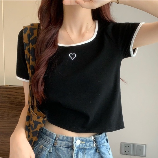 Áo Thun Ngắn Tay Thêu Họa Tiết Trái Tim Thời Trang Dành Cho Nữ