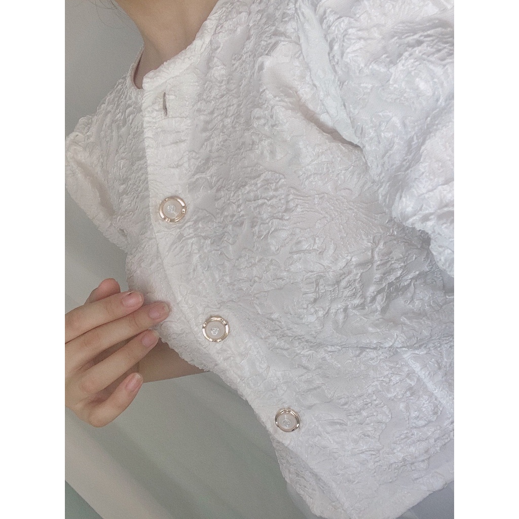 Áo kiểu chất liệu xốp hoa tay phồng cổ tròn tiểu thư phong cách vintage thiết kế Demuse