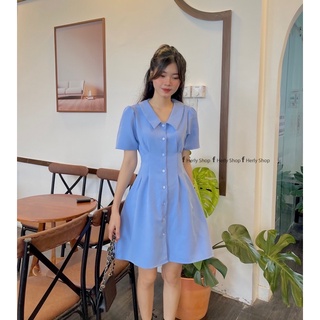 ĐẦM CỔ BẺ XẾP LY EO ĐÍNH NÚT TAY BỒNG