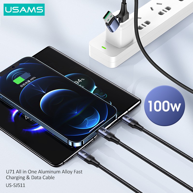 Dây cáp USAMS hỗ trợ sạc nhanh thiết kế 3 trong 1 Micro Usb / Type-C / Iphone 100W chất lượng cao