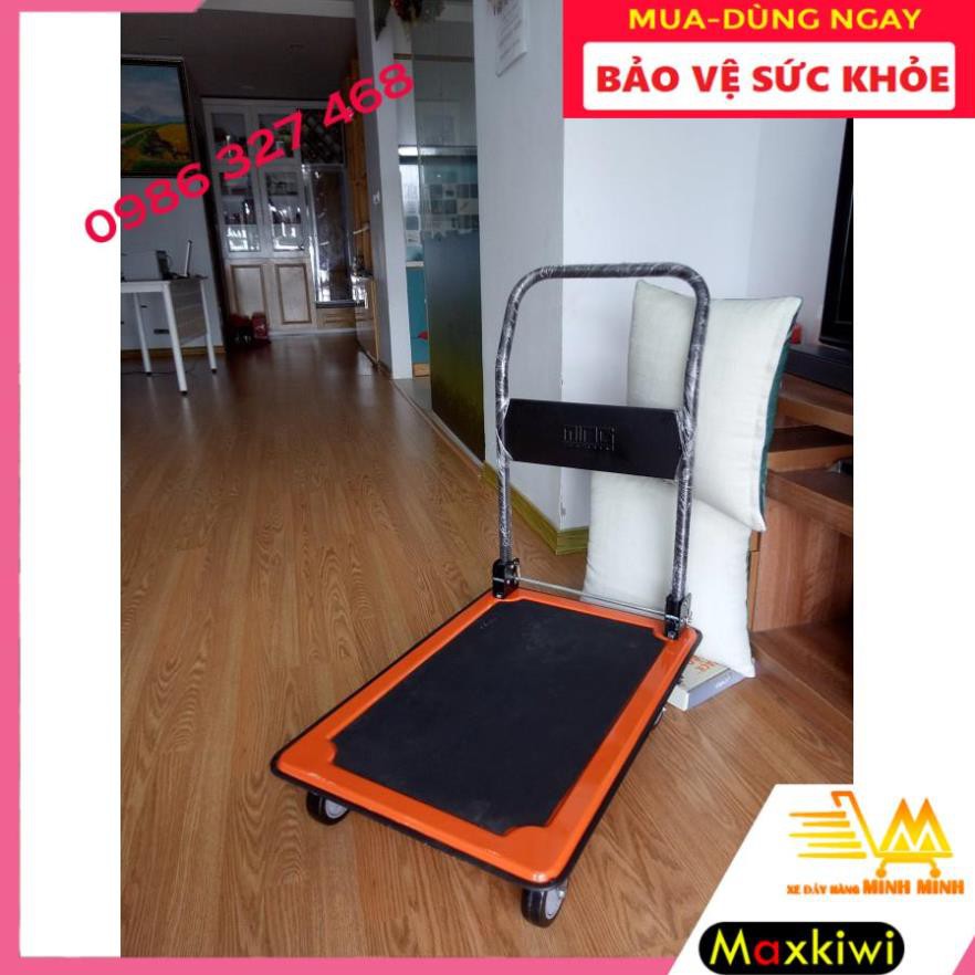 [BH 12th - Clip thật] Xe Đẩy Hàng 150kg, Xe Đẩy Hàng 4 Bánh Maxkiwi- Sàn Thép, Tải Trọng 150kg, Tay Đẩy Gập Gọn