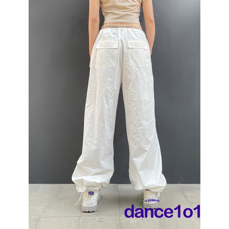 dance1o1-Y2K Harajuku Women´s Solid Color Elastic Waist Tie-Up Side Pockets Loose Fit Trousers
