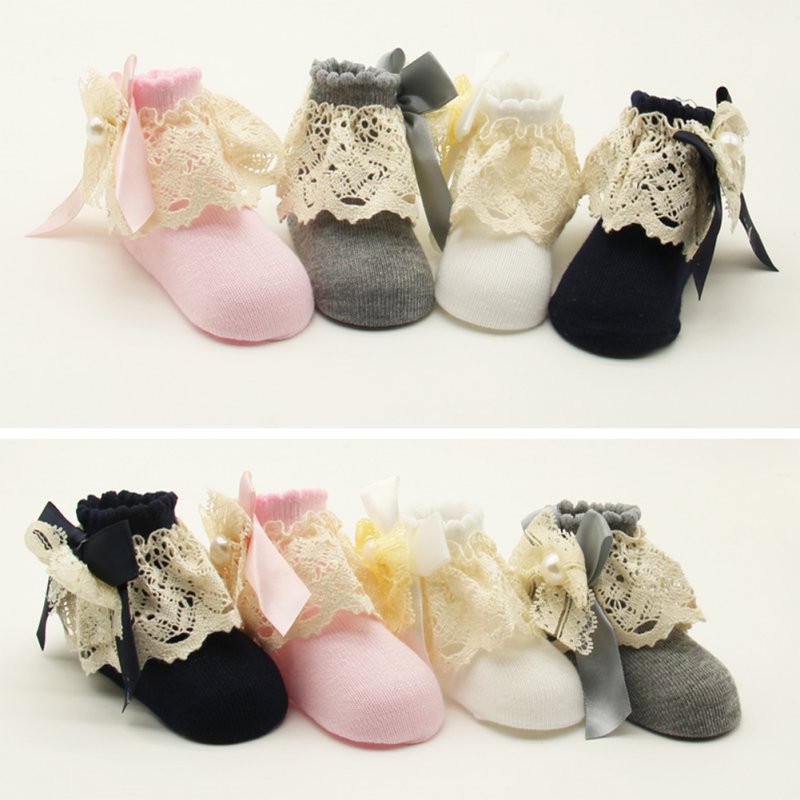 Vớ cotton dày dặn giữ ấm phối ren đính nơ đáng yêu cho bé gái