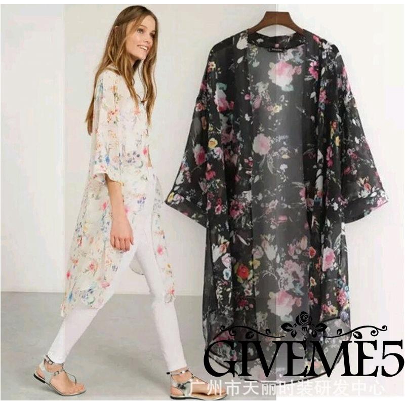 Áo khoác voan Kimono in họa tiết hoa cách điệu phong cách thanh lịch dành cho nữ