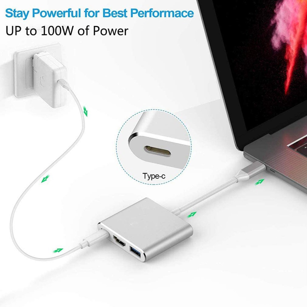 Đầu adapter cáp chuyển đổi đầu USB Type C sang HDMI Chất lượng 4K USB và TypeC 3 trong 1 cho Macbook iPad Chammart