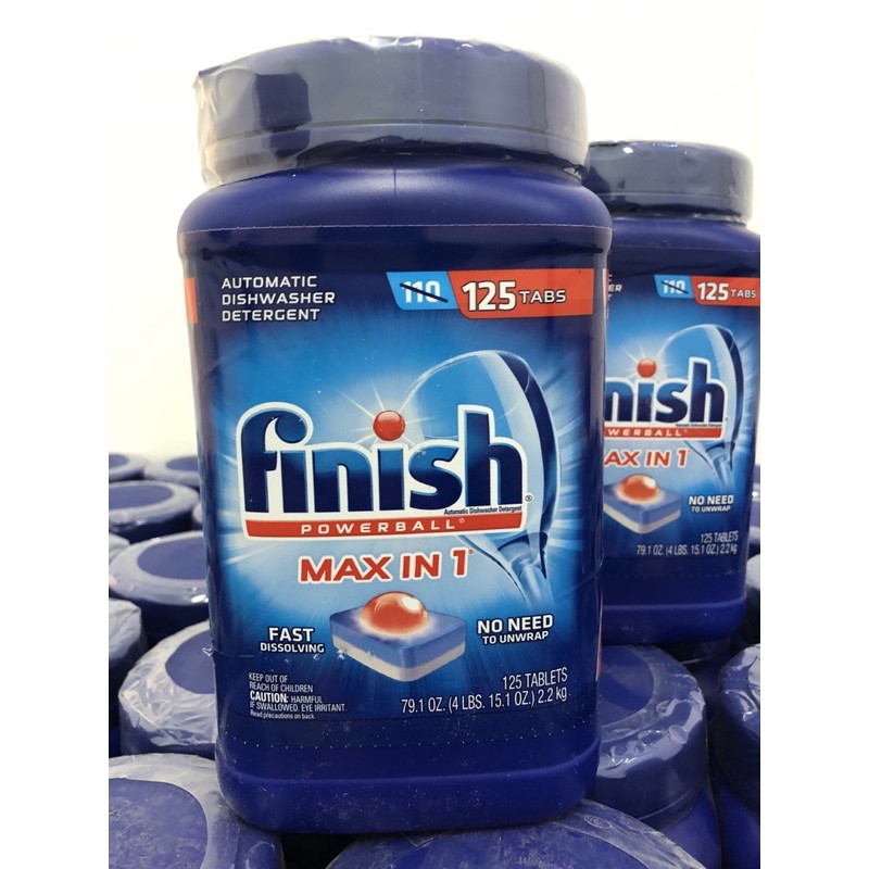 VIÊN RỬA CHÉN BÁT FINISH MAX IN 1 HỘP 125 VIÊN- MUỐI RỬA CHÉN BÁT DÙNG CHO MÁY RỬA CHÉN- HÀNG NỘI ĐỊA MỸ