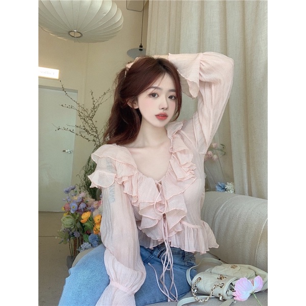 Áo tay dài tiểu thư cổ V viền bèo dây ngực kiểu bánh bèo phong cách VINTAGE 2022