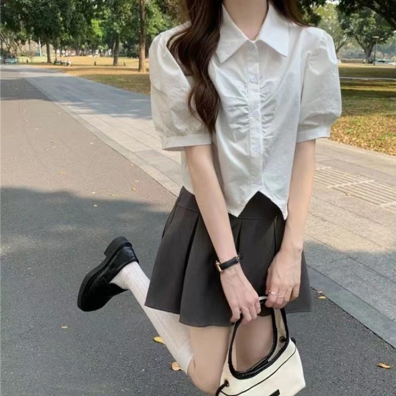 Áo sơ mi MURIOKI tay phồng màu trắng thiết kế không đồng đều phong cách Hàn Quốc thời trang cho nữ