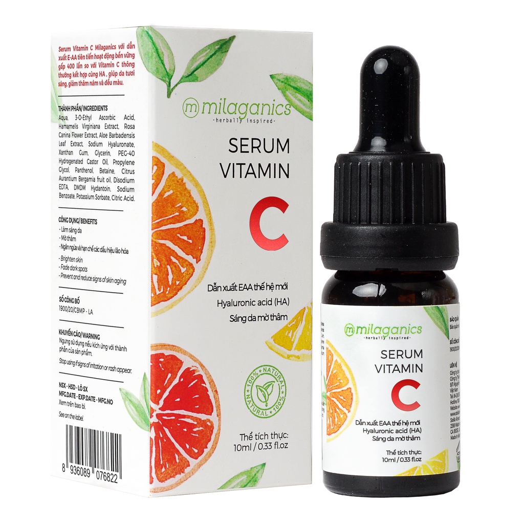 Serum vitamin c trắng da, mờ thâm dẫn xuất E-AA 10% công nghệ mới MILAGANICS 10ml (chai)