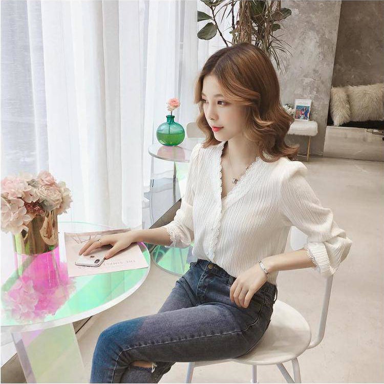 Áo sơ mi voan tay dài cổ chữ V dáng rộng thời trang xuân hè 2021 tùy chọn màu sắc dành cho nữ