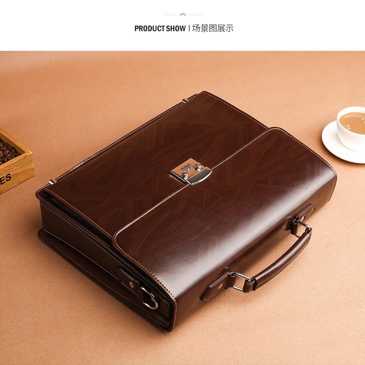 Cặp da khóa số công sở chân sắt siêu bền A1 nâu hoa vân sẫm 38x29x9cm magic