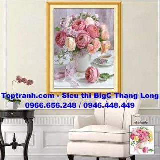 Tranh thêu chữ thập bình hoa hồng nhỏ khoe sắc LV3407 chưa thêu