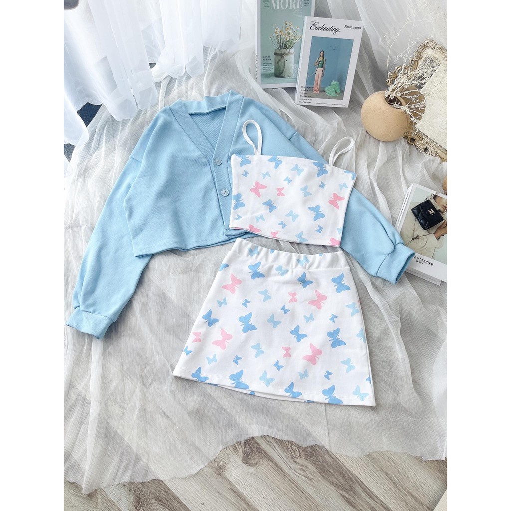SV005 Set áo 2 dây chân váy chữ A họa tiết bướm kèm áo cardigan mỏng, bộ áo hai dây đầm kèm áo khoác dài tay nữ tính bán