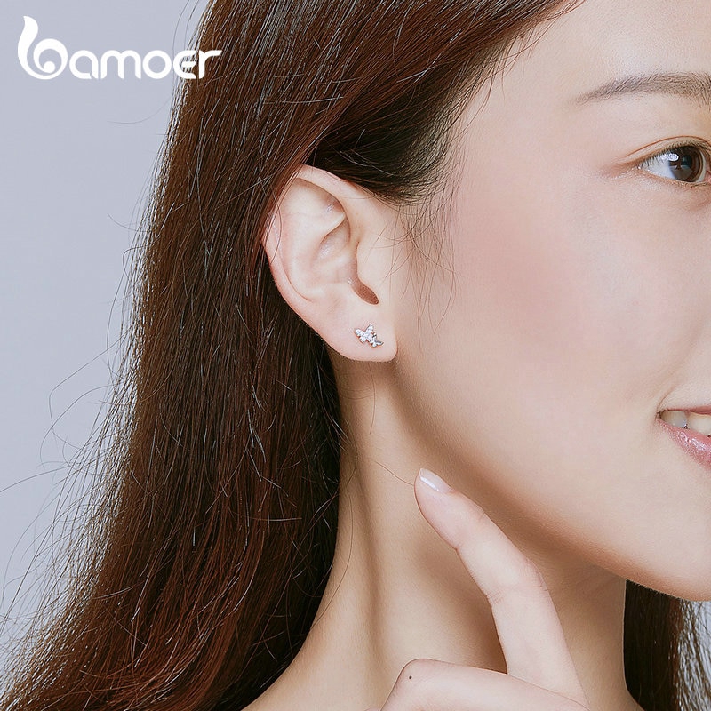 Hoa tai Bamoer BSE236 bằng bạc 925 thiết kế hình bướm đính đá CZ lấp lánh sành điệu