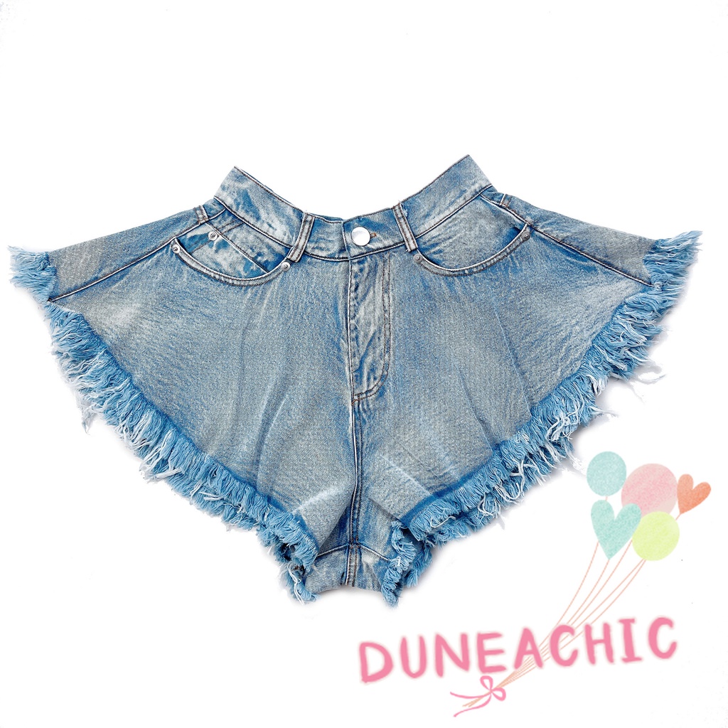 Quần Short Denim Lưng Cao Ống Rộng Thiết Kế Xẻ Rách Cá Tính