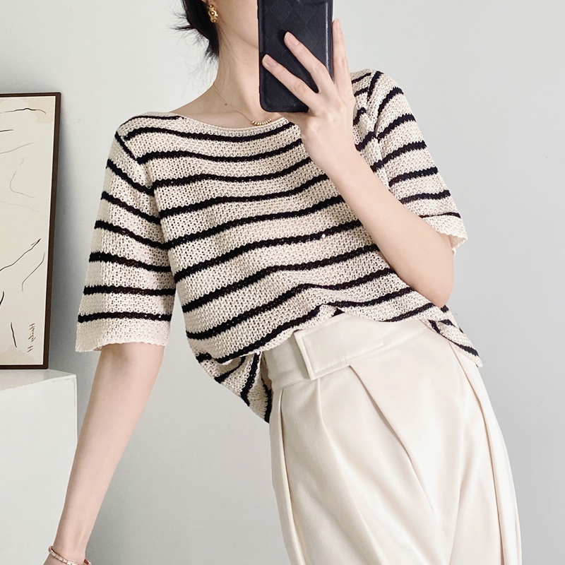 Áo thun dệt kim Xiaozhainv ngắn tay họa tiết kẻ sọc phong cách Hàn Quốc cho nữ