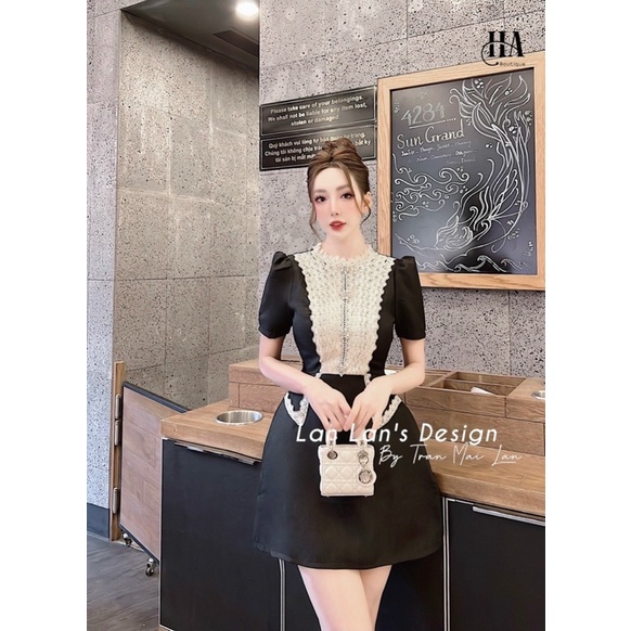 Váy dạ tweed phối ren cổ