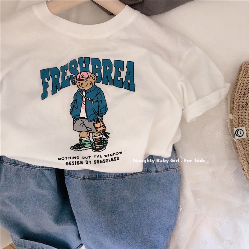 MNGRL Áo Thun Tay Ngắn Cotton In Thoải Mái Mềm Mát Hàn Quốc Mùa Hè Cho Bé Trai