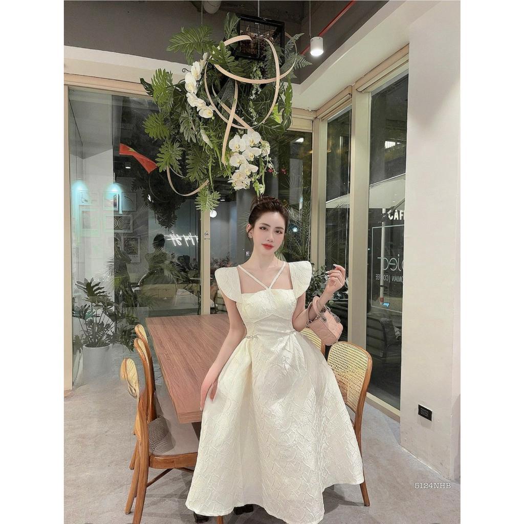 Đầm dài cánh tiên xòe gấm đá eo 5124 - Đầm nữ thời trang