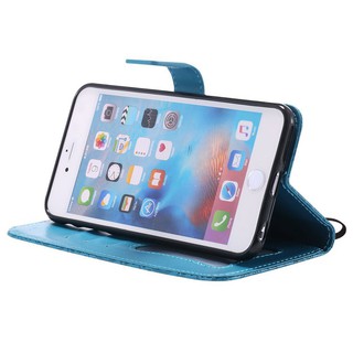 For iPhone 6 Plus/6S Plus Blue Lanyard Relief Flower Leather Flip Case