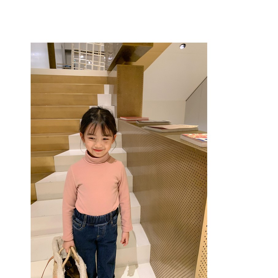 Girls' round neck middle neck basic shirt children's solid striped high collar cashmere T-shirt 2021 new autumn and winter fashion