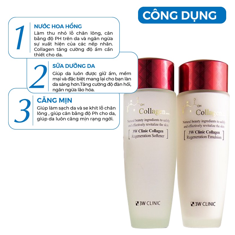 Bộ dưỡng da dưỡng ẩm - Bộ dưỡng trắng da săn chắc từ Collagen 3W CLINIC Hàn Quốc [Nước Hoa Hồng+Sữa]]