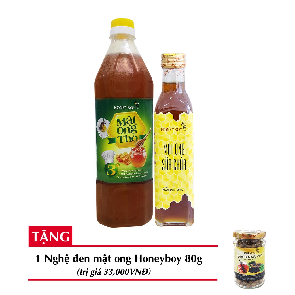 Bộ Mật ong thô HONEYBOY 1 lít + Mật ong sữa chúa HONEYBOY 250ml + tặng 1 Nghệ đen Mật ong HONEYBOY 80g-HCM