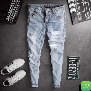 Quần jean nam xanh nhạt trơn rách gối chất bò cao cấp co dãn 4 chiều, quần rin nam xanh bạc đẹp DP28 mẫu mới