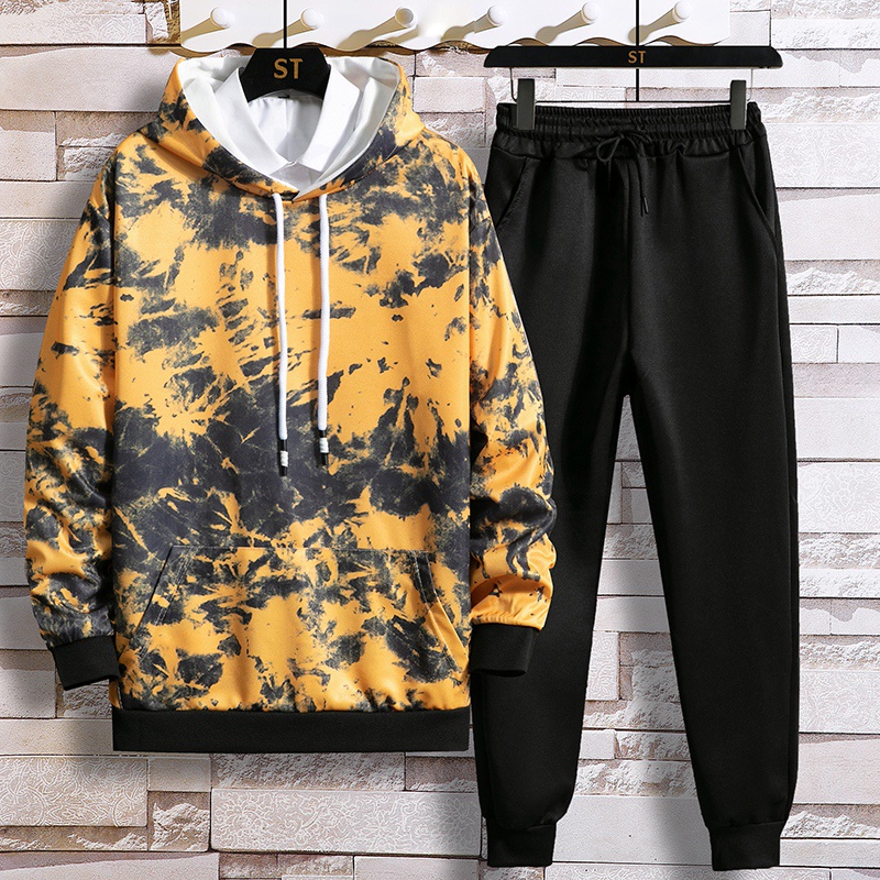Set áo hoodie dài tay và quần dài ống rộng phối màu nhuộm thời trang hip hop dành cho nam