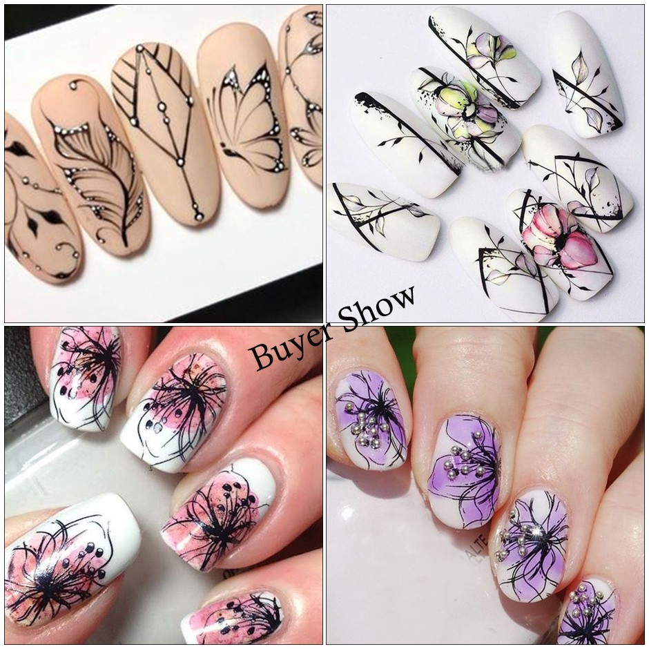 HAMA NAIL 14pcs Nail Stickers Slider Flower Lotus Butterfly DIY Floral Designs Water Tattoo for Wraps Decals