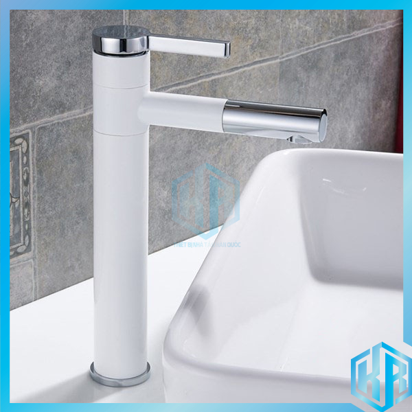 Vòi lavabo nóng lạnh bằng đồng hình trụ tròn 30cm sơn tĩnh điện Trắng bạc cao cấp