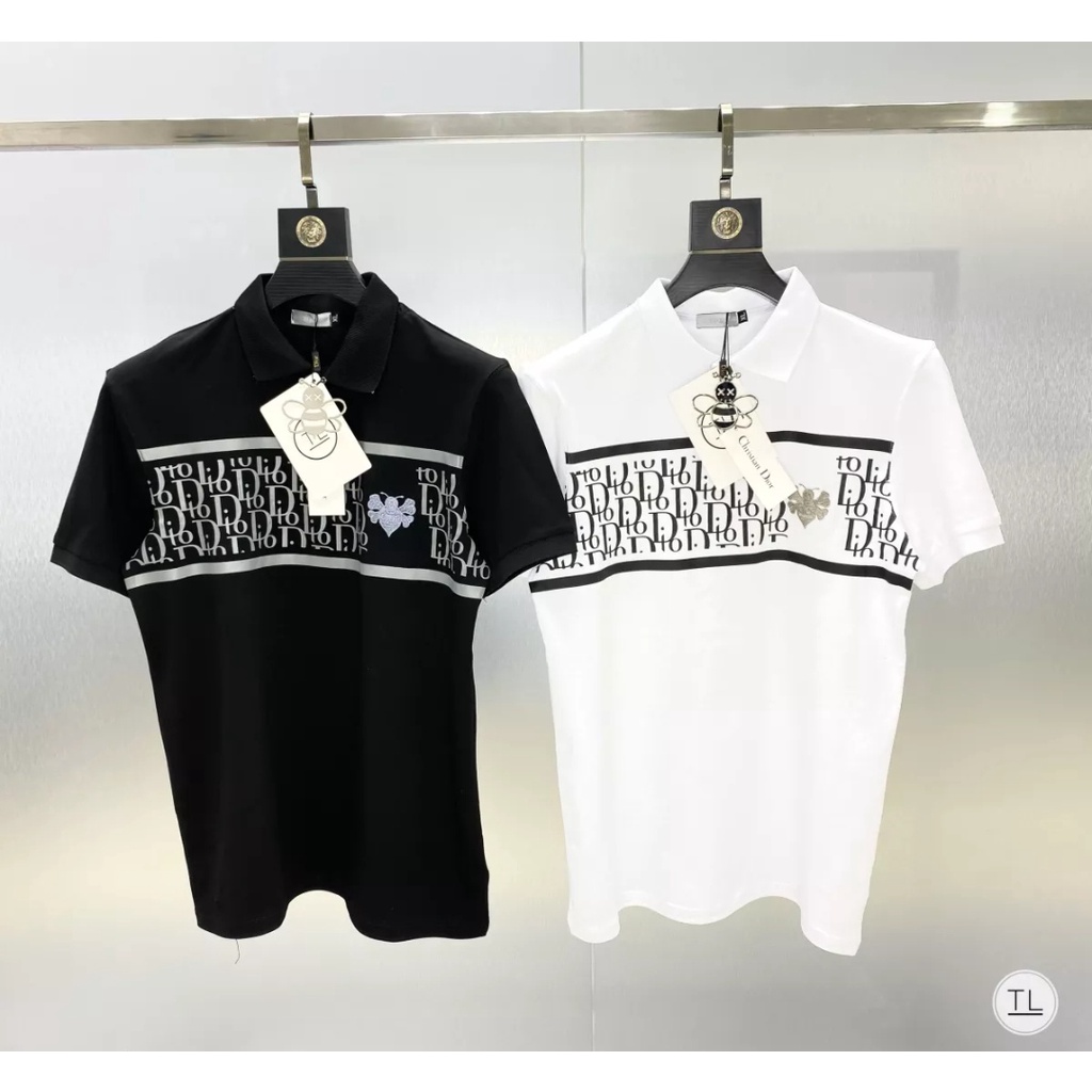 Áo thun nam POLO tay ngắn phối họa tiết vải cotton co giãn 4 chiều thấm hút mồ hôi mẫu mới nhất 2 màu trắng đen cao cấp