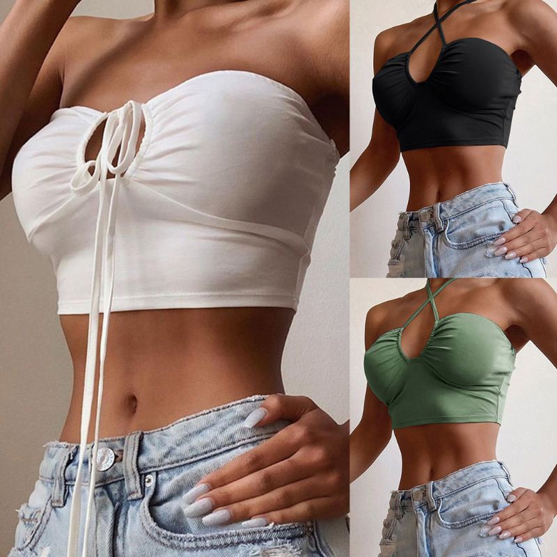 Xiangbao Áo Ống Không Tay Hở Vai Màu Trơn Có Dây Buộc Dành Cho Nữ