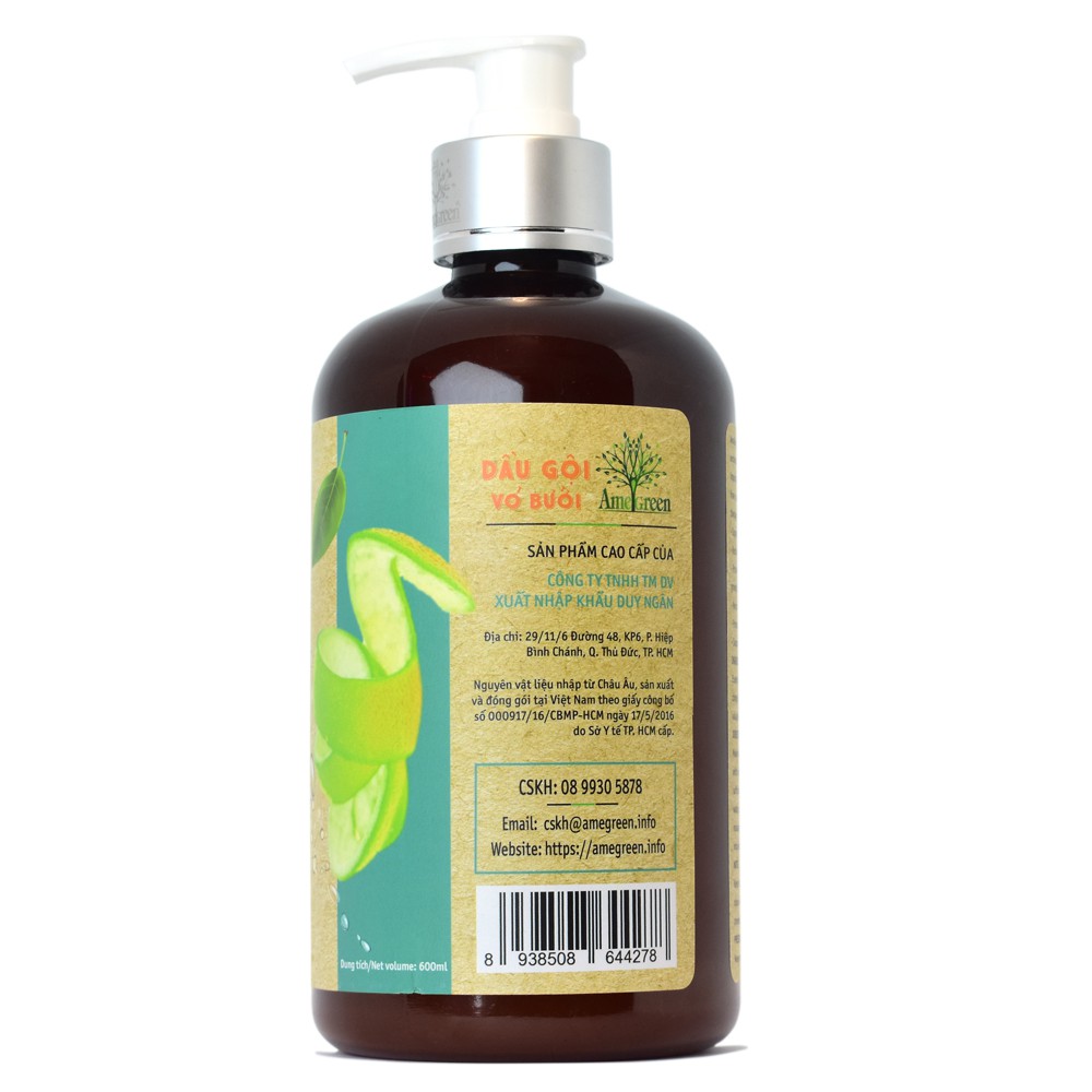 Dầu Gội Vỏ Bưởi Premium Amegreen 600ml giảm rụng tóc ,kích mọc tóc, an toàn cho mẹ bầu và sau sinh