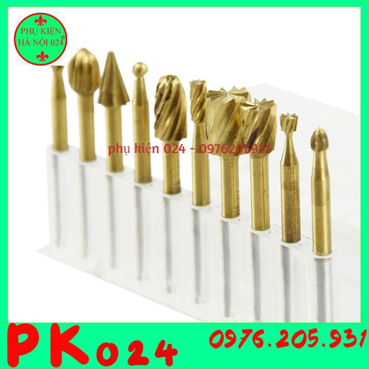 Bộ 10 mũi lũa gỗ điêu khắc, chạm trỗ mài khắc HSS chân 3mm dùng cho máy khoan mài mini