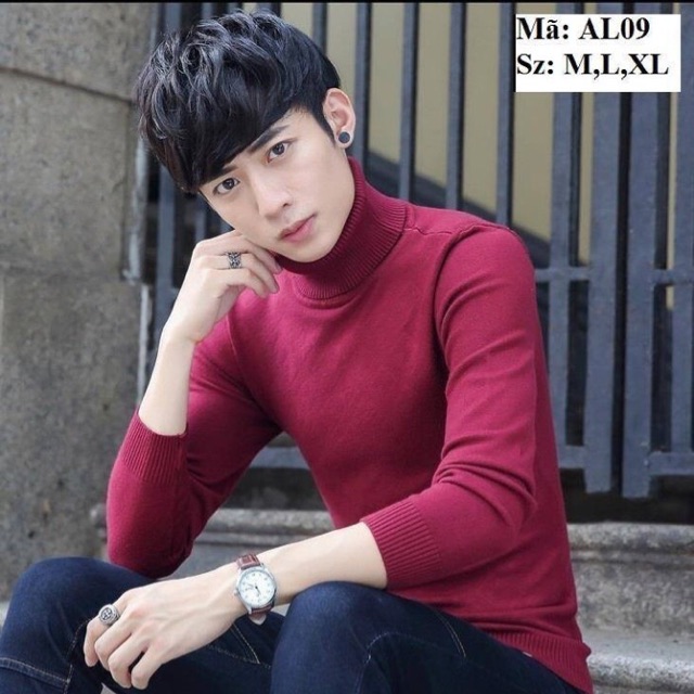 Áo len cổ lọ màu đỏ đô
