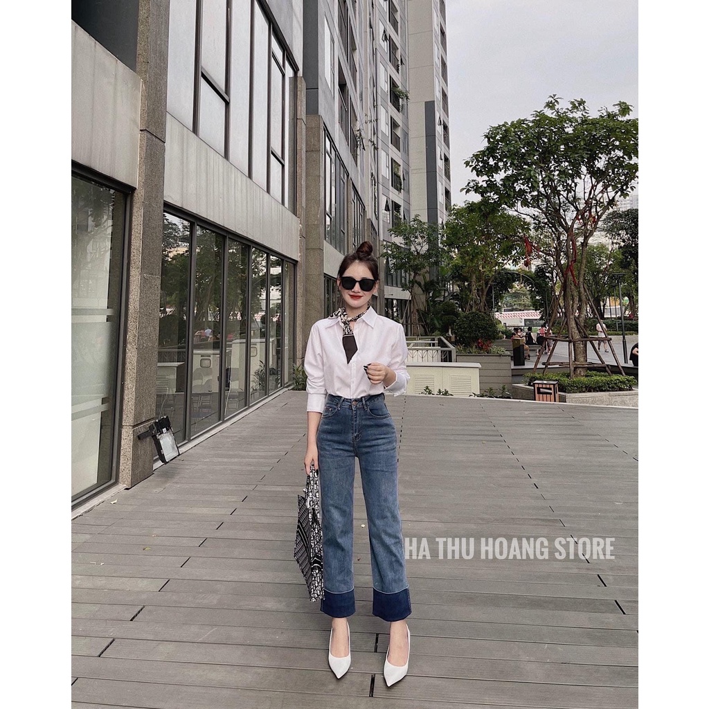 Quần jean nữ ống đứng quần bò nữ lưng cao ống suông đứng JEAN GẤP GẤU