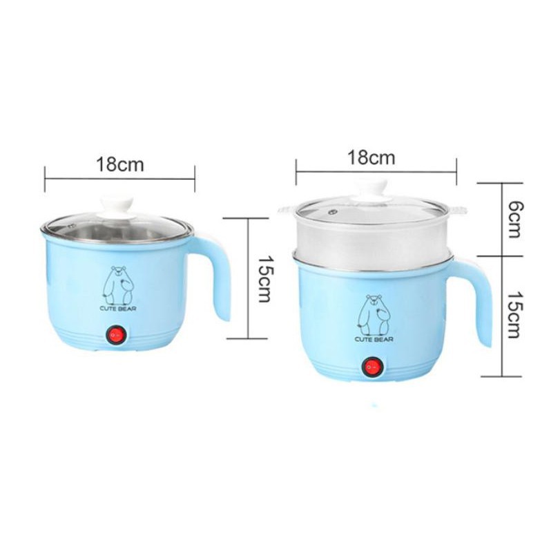 [KM SỐC] Ca Nấu Mì, Nấu Cơm Đa Năng Có Tay Cầm 1,8L - Nồi Lẩu Điện Mini Kèm Giá Hấp INOX