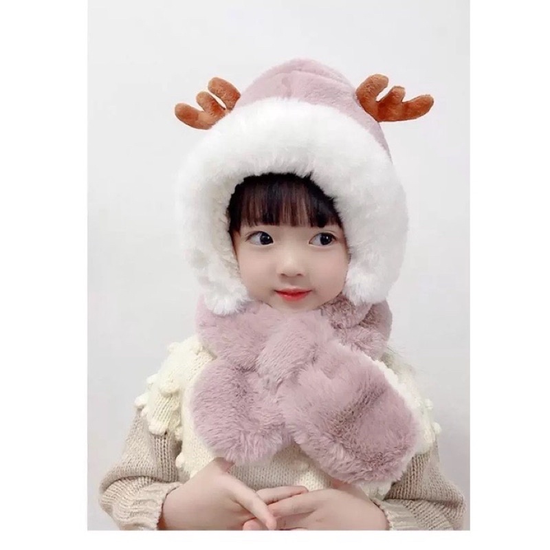 MŨ LÔNG KÈM KHĂN SỪNG HƯƠU CHO BÉ