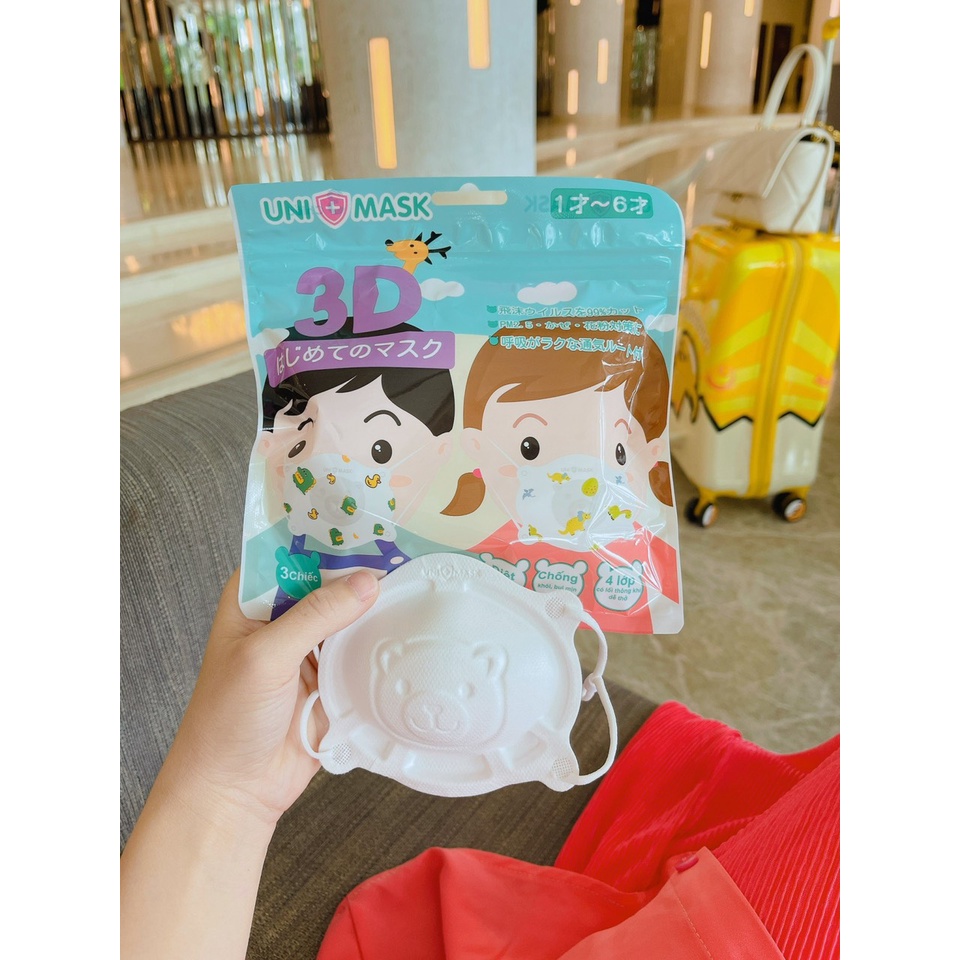 Set 3 Chiếc khẩu trang trẻ em hình Gấu 3D Uni Mask kháng khuẩn chống bụi mịn theo tiêu chuẩn nhật bản cao cấp 6-2 tuổi