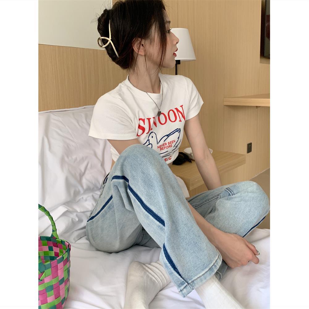 Quần Jean Dài Lưng Cao Dáng Rộng Màu Sắc Tương Phản Thời Trang Mùa Hè 2022 Cho Nữ