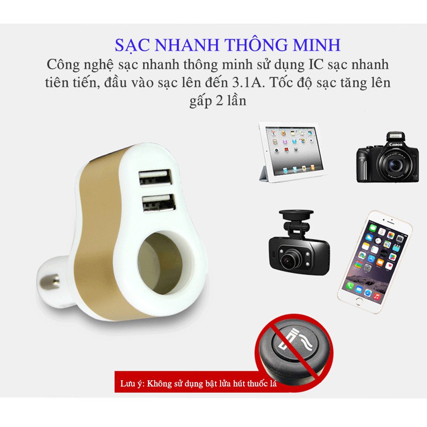 ⚡Video Thật.⚡ Tẩu Sạc Ô Tô - Tẩu Sạc Nhanh Ô Tô Chia 1 Cổng Tẩu, 2 Cổng USB