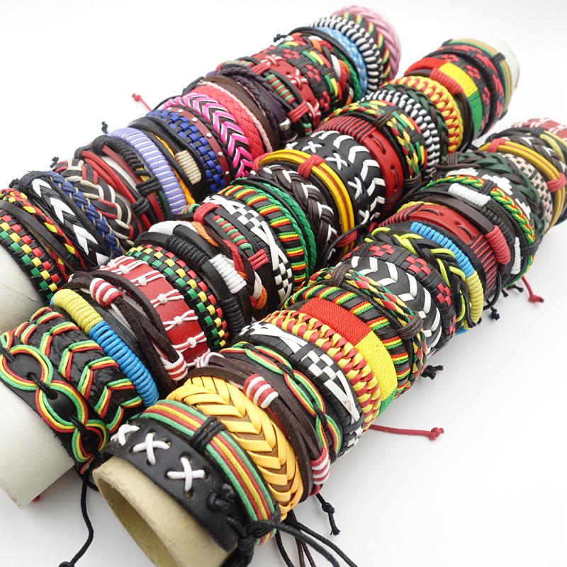 Set 10 Vòng Tay Handmade Bằng Da Màu Đen / Nâu Thời Trang Cho Nam Và Nữ