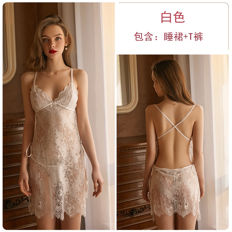 Đồ ngủ Hai Dây Phối Ren Cổ Chữ V Khoét Sâu + Quần Lót Lưng Trần Quyến Rũ Cho Nữ