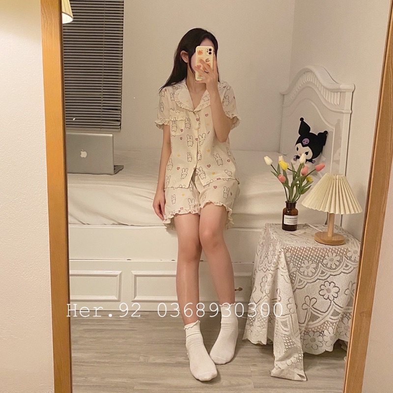 Đồ ngủ xinh bộ mặc nhà chất đũi hoạ tiết dễ thương phong cách hàn quốc