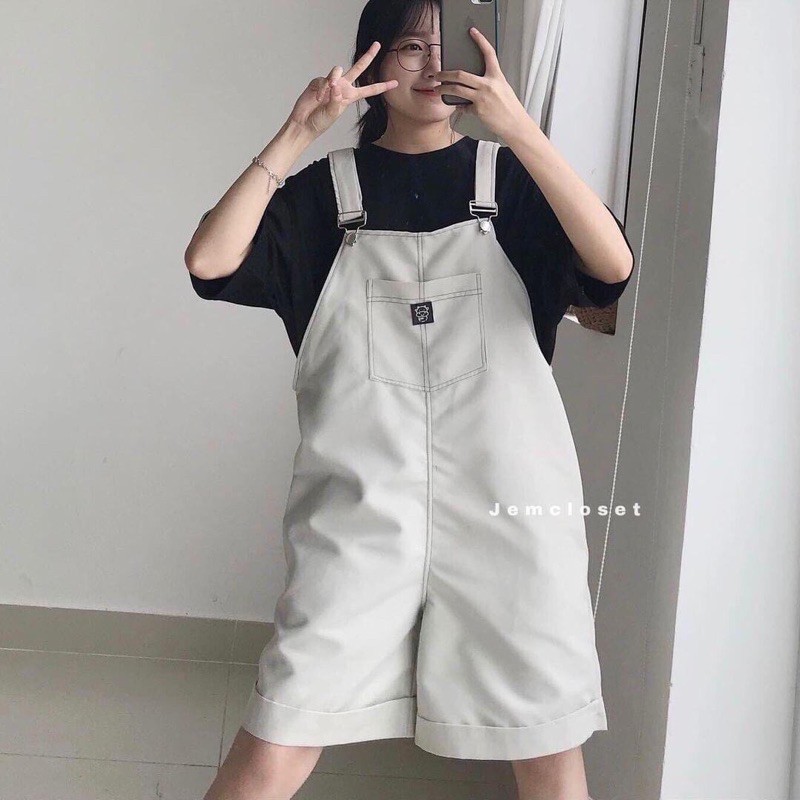 Set yếm kaki &amp; áo thun trơn 2 màu be/đen
